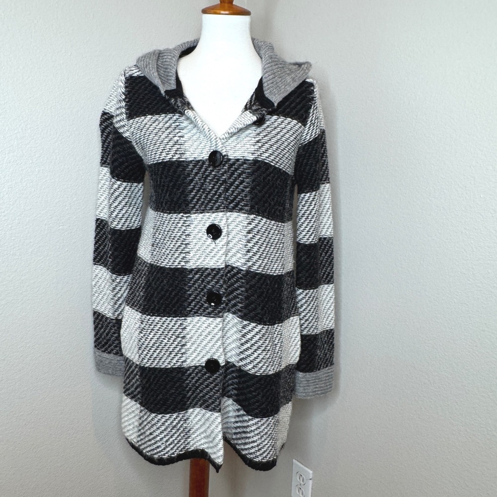 MARY FIRENZE Wool Mohair Blend Sweater Coat LG Hood Plaid Midi Button Up Italy